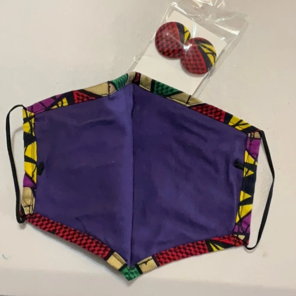 Hand Crafted Ankara African Print Face Mask and Button Earrings Purple Red Gold